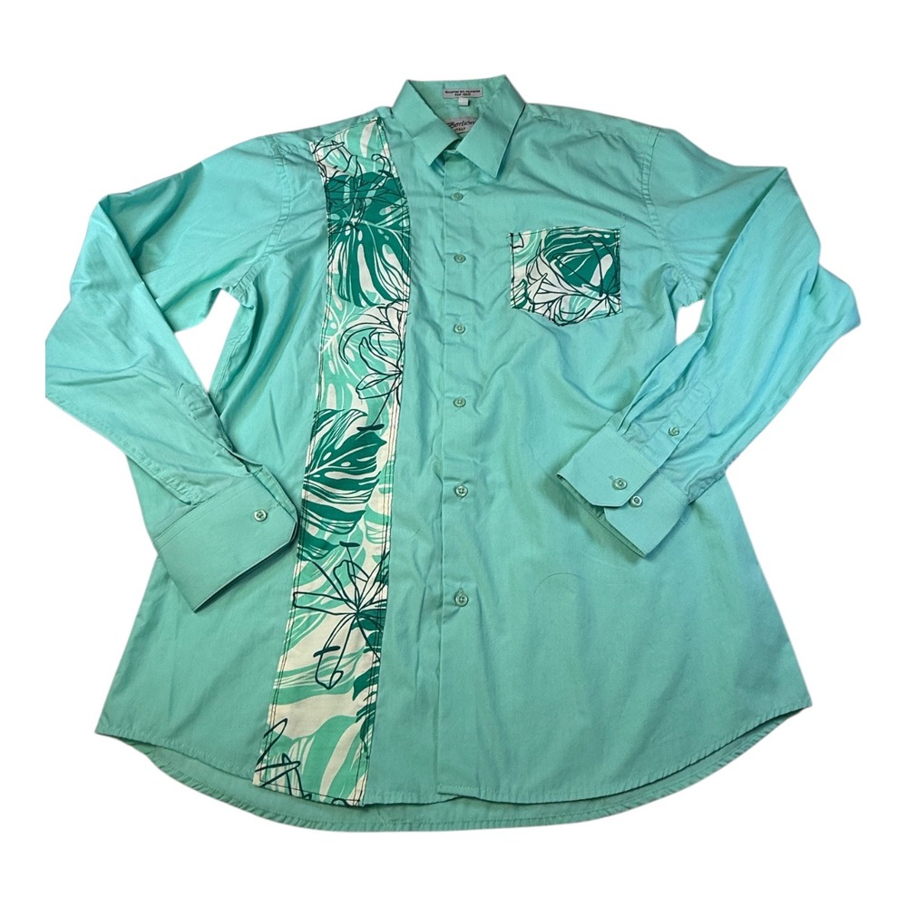 Berlioni Italy Mens Aqua Tropical Leaf Print Dress Shirt Button Down Long Sleeve